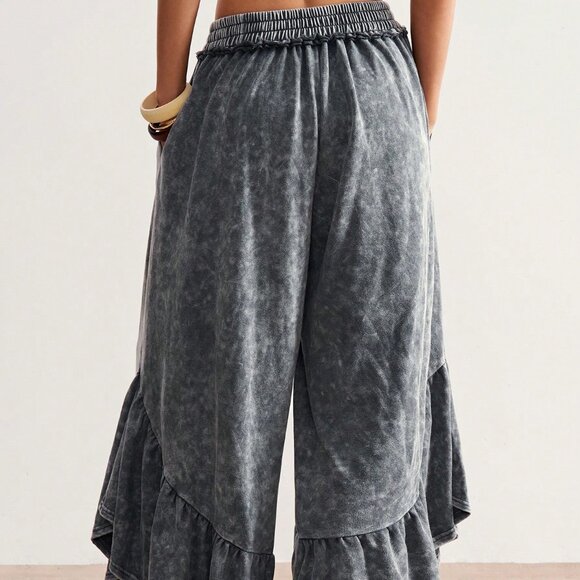 Dark Grey Casual Women's Elastic Waist Ruffle Hem Wide Leg Pants - Picture 2 of 7